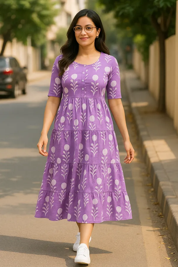 Purple_Floral_Print_Tiered_Midi_Dress_With_Button_Front