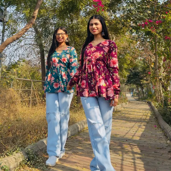 Teal_And_Maroon_Floral_Print_Peplum_Top_For_Women_Set_Of_2