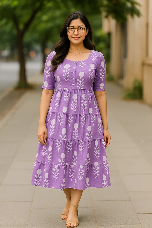 Purple_Floral_Print_Tiered_Midi_Dress_With_Button_Front