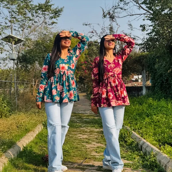 Teal_And_Maroon_Floral_Print_Peplum_Top_For_Women_Set_Of_2