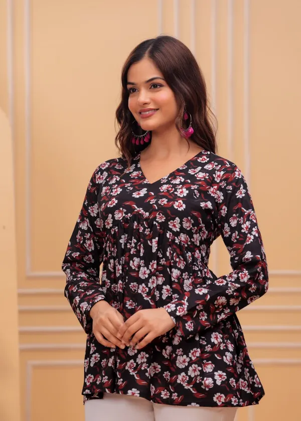 Black_Floral_Print_V_Neck_Long_Sleeve_Gathered_Top