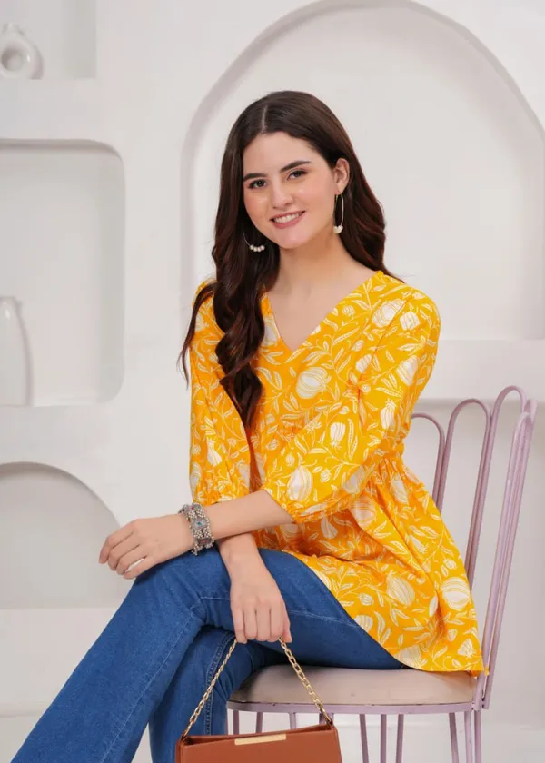 Yellow_Floral_Print_V_Neck_Gathered_Tunic_Top_For_Women