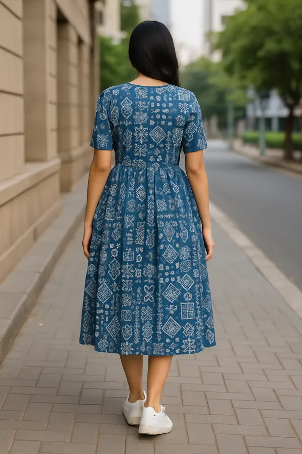 Blue_Printed_A_Line_Midi_Dress_With_Short_Sleeves