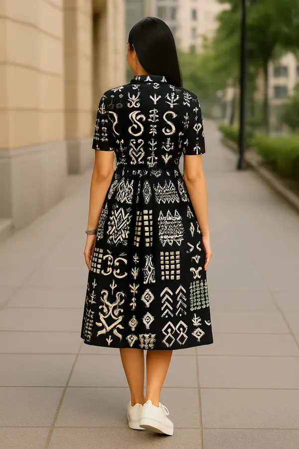 Black_Geometric_Print_Collared_Shirt_Dress_With_Belt