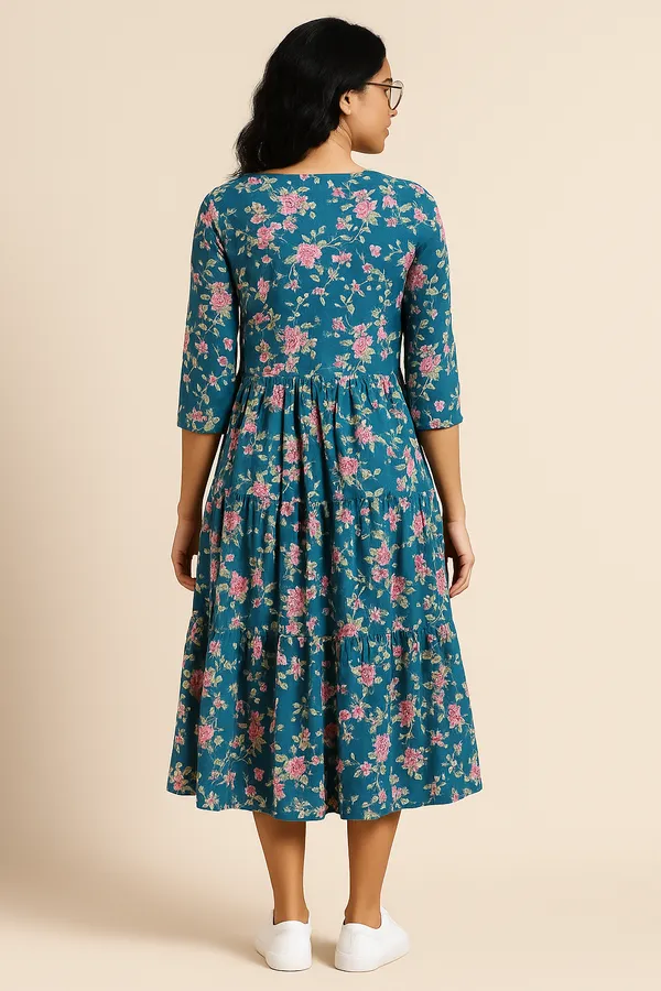 Womens_Teal_Blue_Floral_Print_Midi_Dress_With_3/4_Sleeves