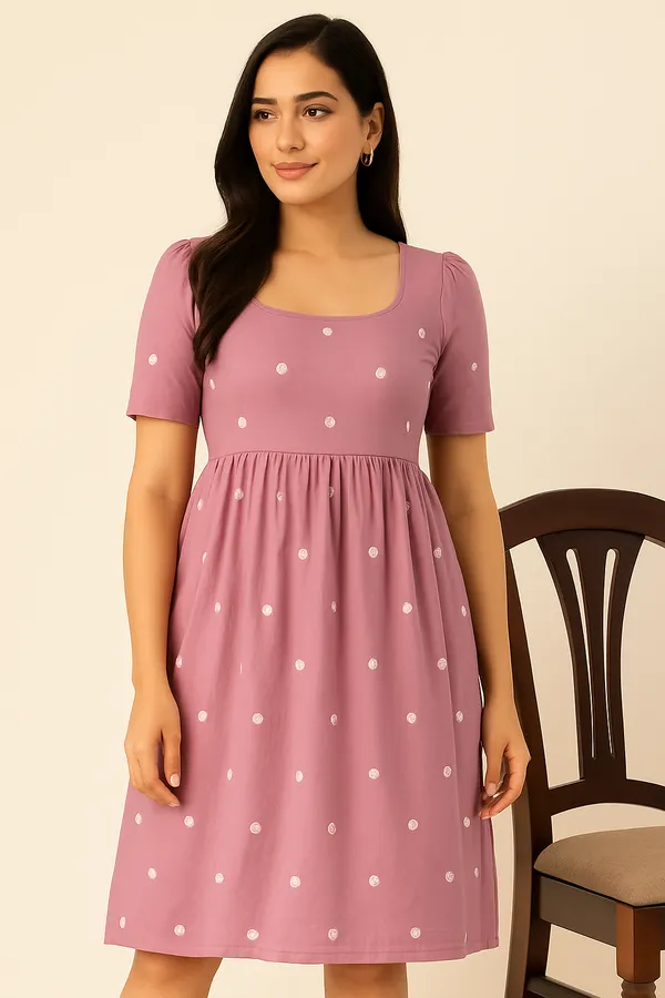 Dusty_Pink_Polka_Dot_Midi_Dress_With_Puff_Sleeves