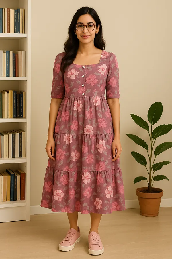 Mauve_Pink_Floral_Printed_Tiered_Midi_Dress_With_Button_Detail