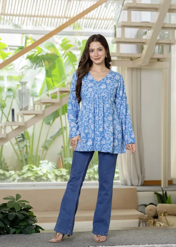 Womens_Blue_Floral_Printed_V_Neck_Tunic_Top_With_Long_Sleeves