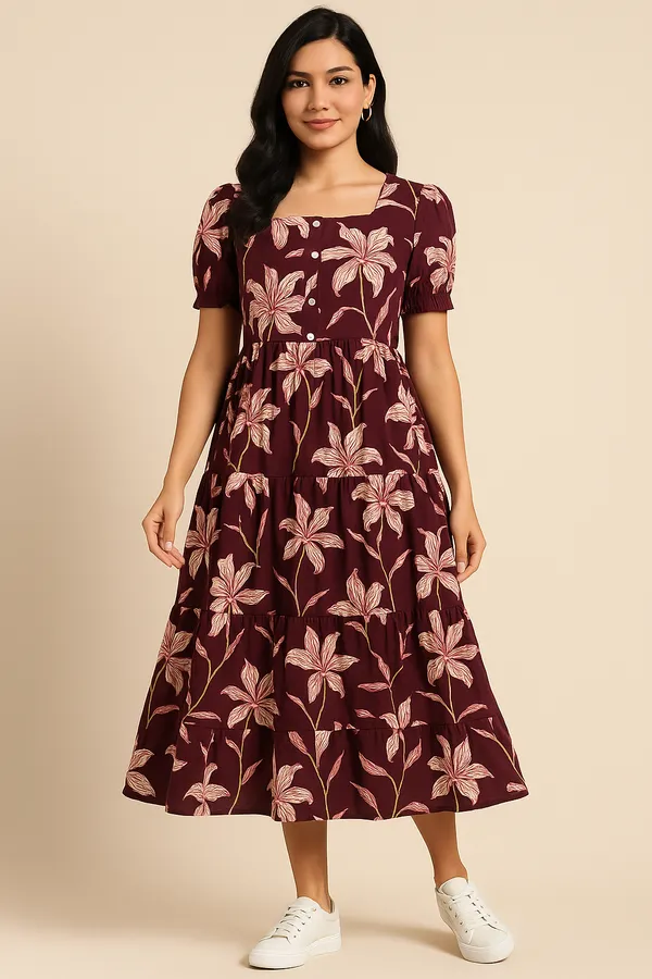 Maroon_Floral_Print_Midi_Dress_With_Short_Sleeves