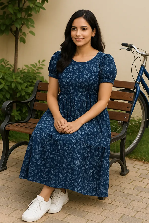 Womens_Navy_Blue_Floral_Print_Midi_Dress_With_Puff_Sleeves