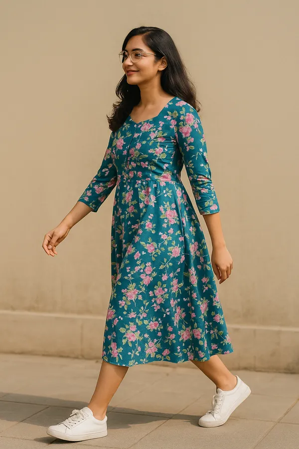 Womens_Teal_Blue_Floral_Print_Midi_Dress_With_3/4_Sleeves