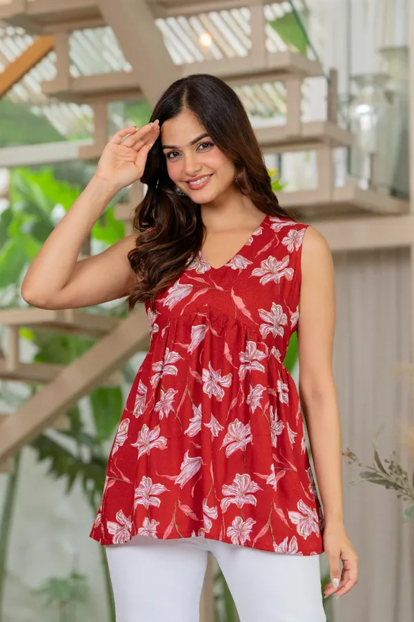 Red_Floral_Printed_Sleeveless_Flared_Top_For_Women