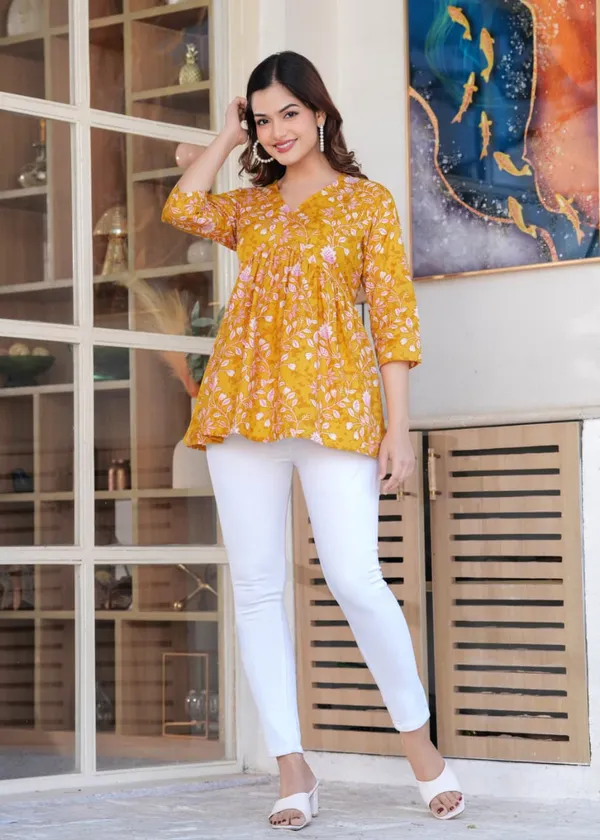 Mustard_Yellow_Floral_Printed_Gathered_Top_For_Women
