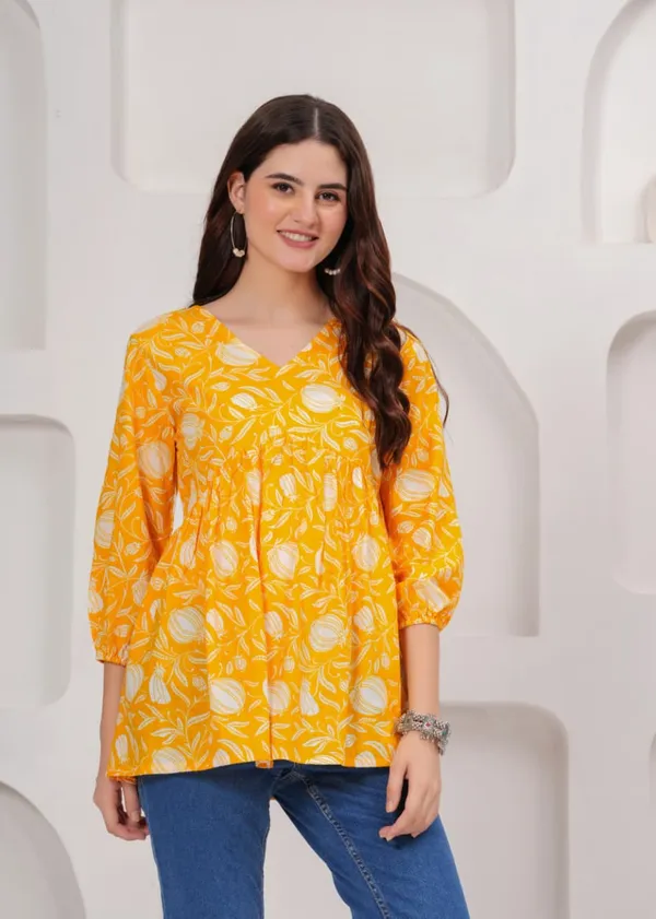 Yellow_Floral_Print_V_Neck_Gathered_Tunic_Top_For_Women