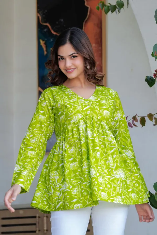 Womens_Lime_Green_Floral_Print_Flared_Tunic_Top