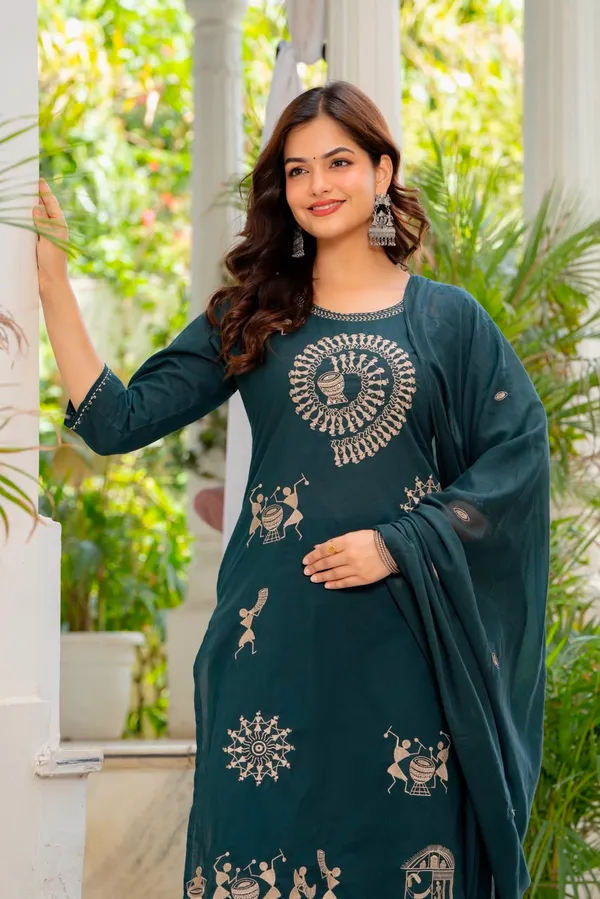 Teal_Warli_Print_Straight_Kurta_For_Women