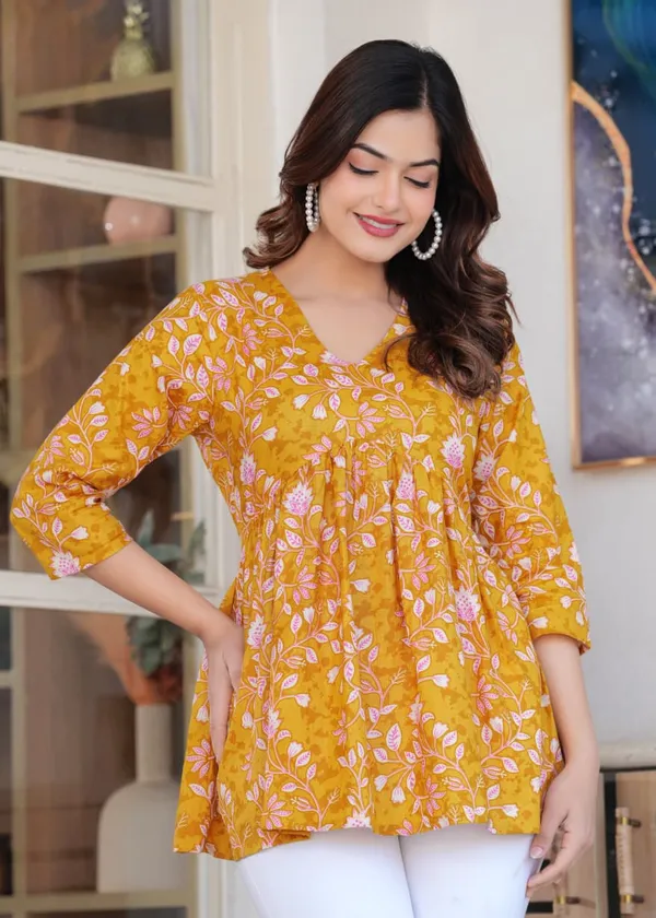 Mustard_Yellow_Floral_Printed_Gathered_Top_For_Women