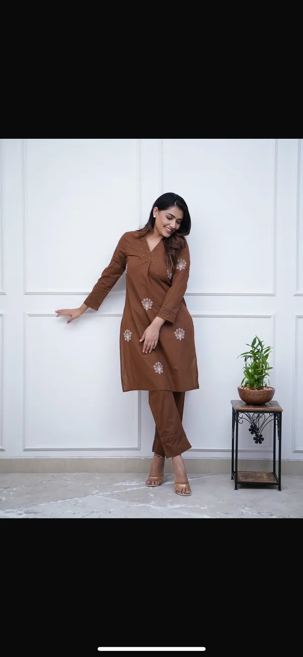 Brown_Embroidered_Kurti_With_Pants_Set
