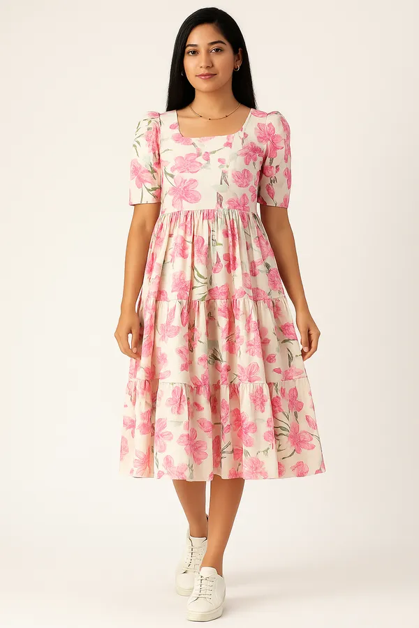 Pink_Floral_Print_Tiered_Midi_Dress_For_Women