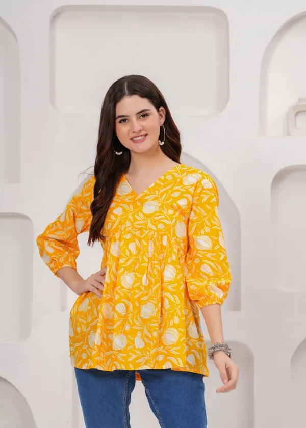 Yellow_Floral_Print_V_Neck_Gathered_Tunic_Top_For_Women