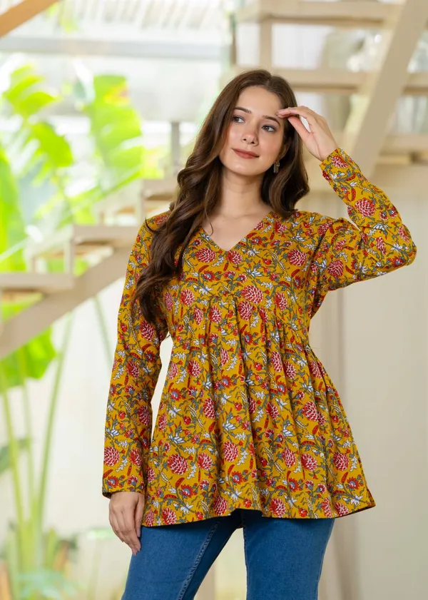 Mustard_Yellow_Floral_Print_Long_Sleeve_Flared_Top