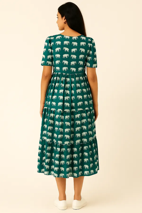 Dark_Green_Elephant_Print_Midi_Dress_With_Short_Sleeves