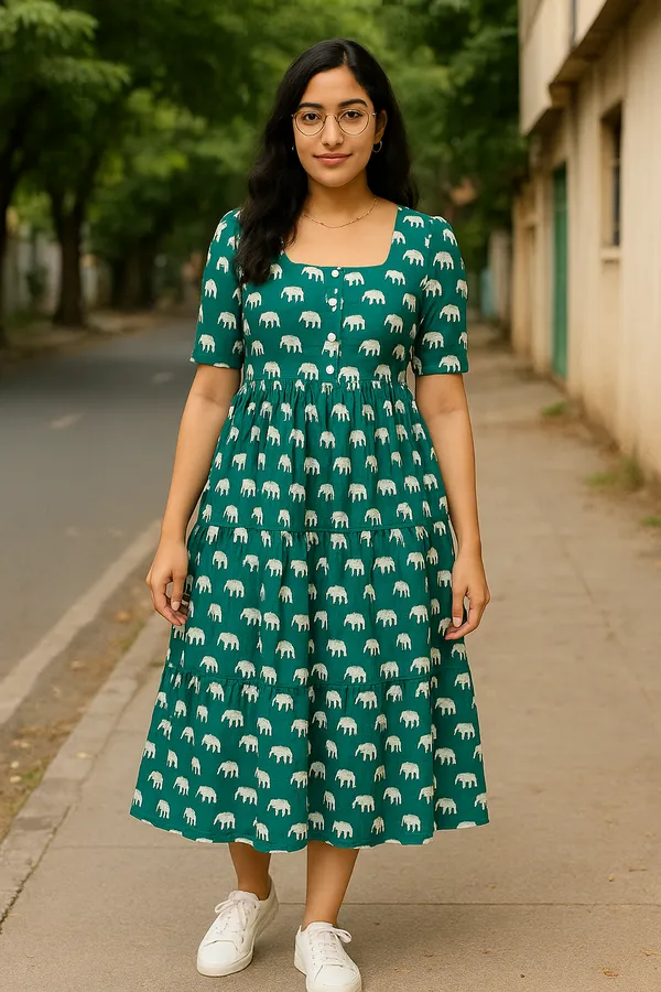 Dark_Green_Elephant_Print_Midi_Dress_With_Short_Sleeves