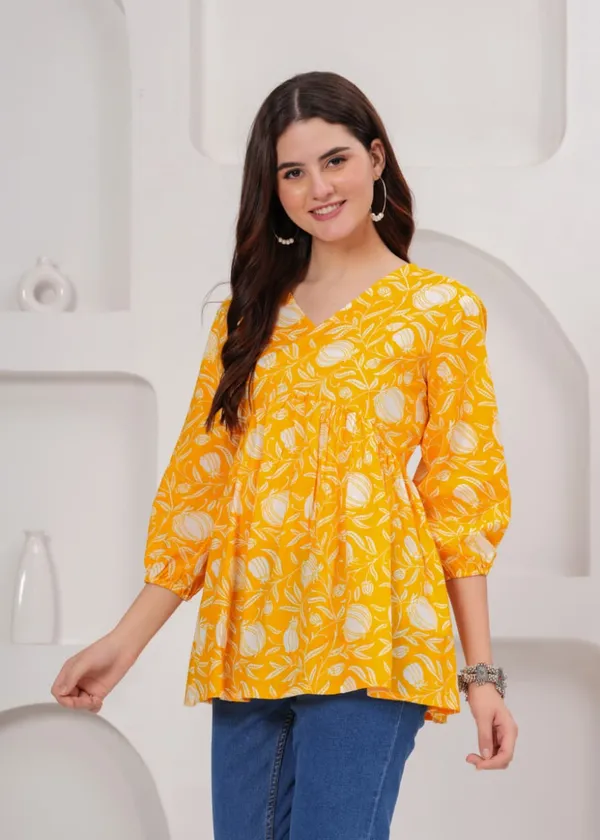 Yellow_Floral_Print_V_Neck_Gathered_Tunic_Top_For_Women