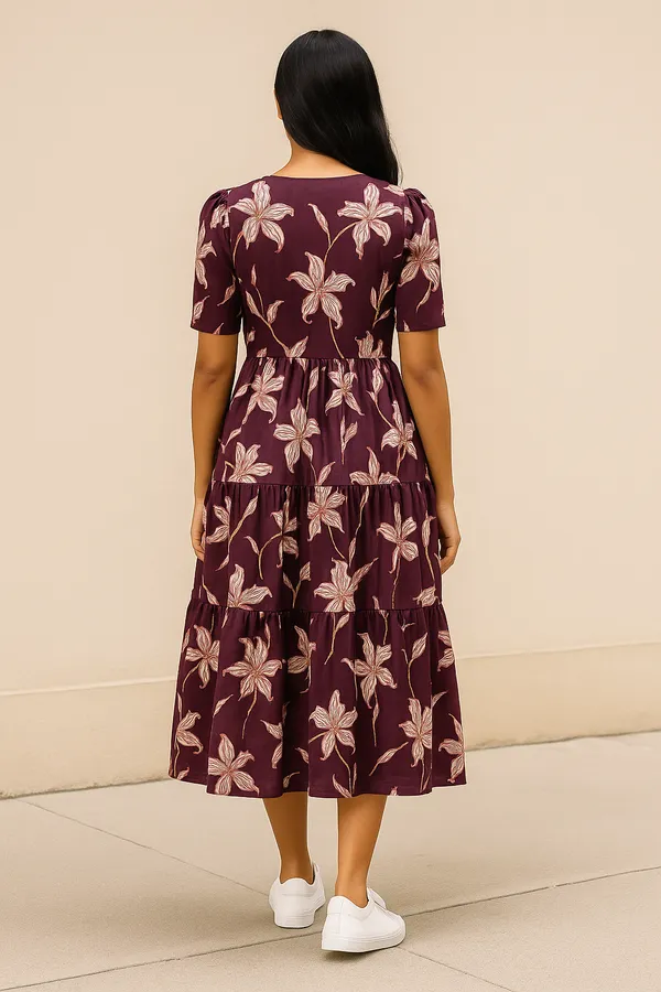 Maroon_Floral_Print_Midi_Dress_With_Short_Sleeves