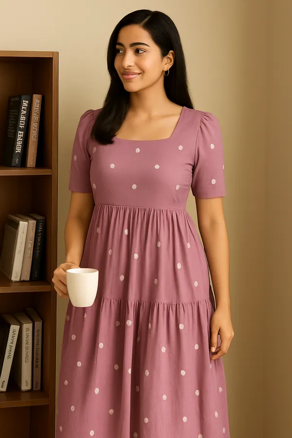 Dusty_Pink_Polka_Dot_Midi_Dress_With_Puff_Sleeves