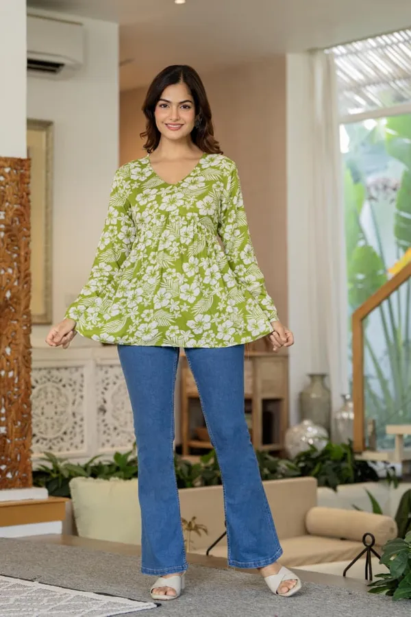 Green_Floral_Print_Long_Sleeve_Top_For_Women