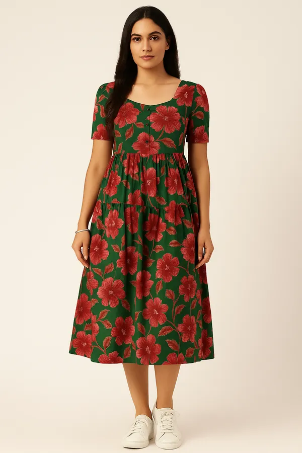 Green_Floral_Print_Midi_Dress_With_Button_Detail