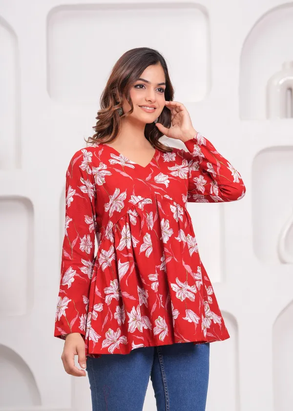 Red_Floral_Print_Pleated_Womens_Top