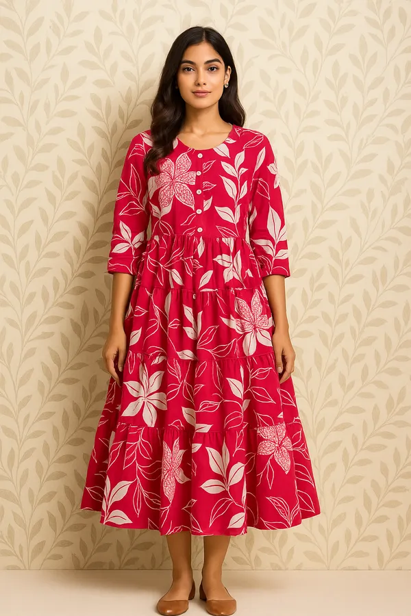 Red_Floral_Print_Midi_Dress_With_3/4_Sleeves