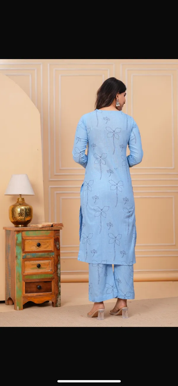 Light_Blue_Floral_Embroidered_Cotton_Kurti_With_Palazzo_Set