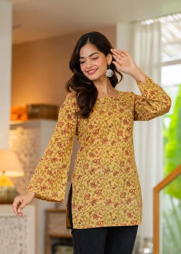 Womens_Mustard_Yellow_Floral_Print_Tunic_Top_With_Lace_Up_Back_Detail