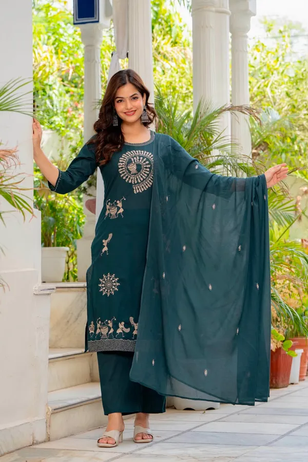 Teal_Warli_Print_Straight_Kurta_For_Women