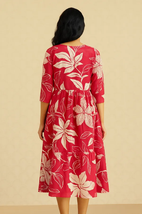 Red_Floral_Print_Midi_Dress_With_3/4_Sleeves