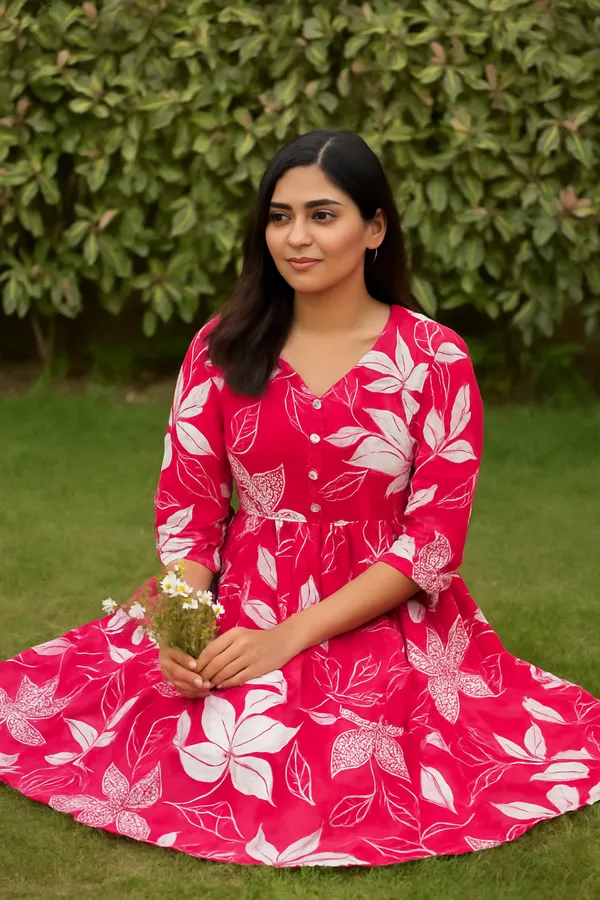 Red_Floral_Print_Midi_Dress_With_3/4_Sleeves