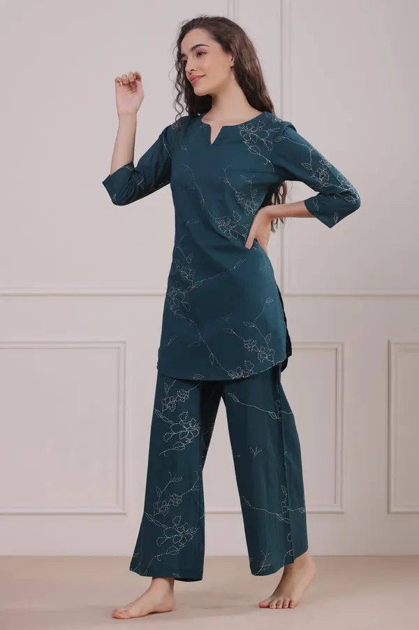 Teal_Printed_Kurta_And_Palazzo_Pants_Night_Suit_Set_For_Women