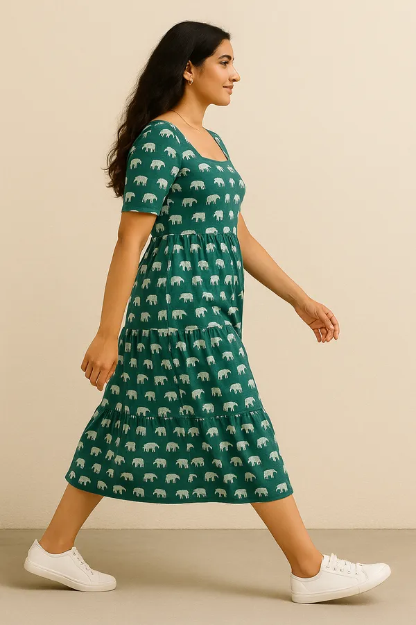 Dark_Green_Elephant_Print_Midi_Dress_With_Short_Sleeves