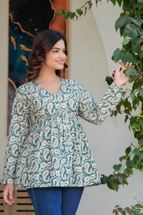 Green_Paisley_Print_Cotton_Short_Kurti_For_Women