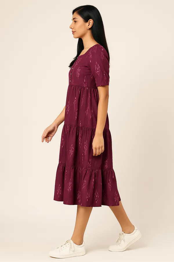 Maroon_Tiered_Midi_Dress_With_Ikat_Print_And_Button_Detail