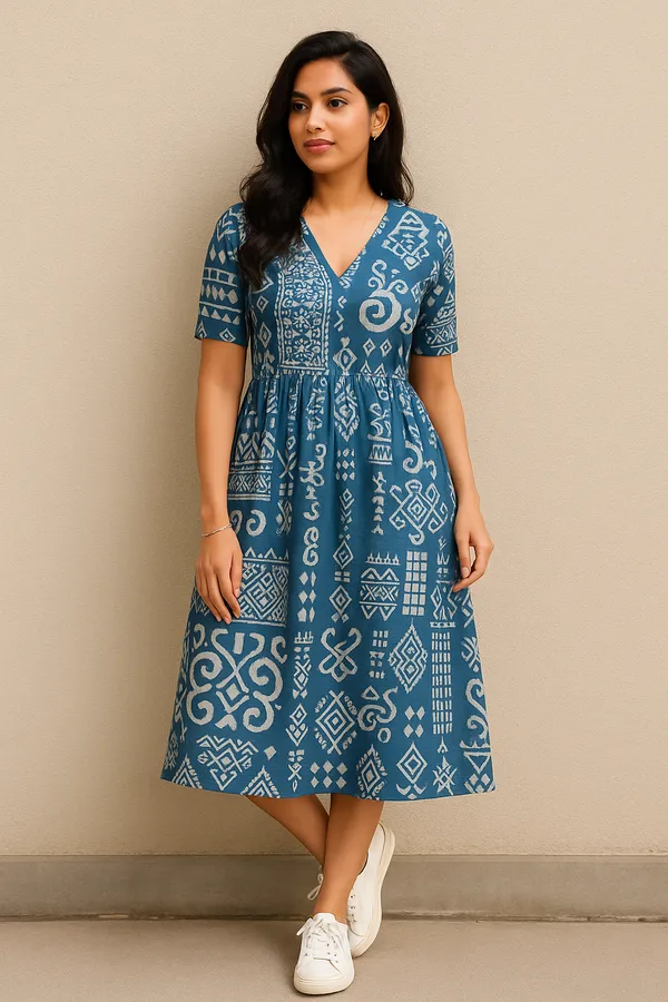 Blue_Printed_A_Line_Midi_Dress_With_Short_Sleeves
