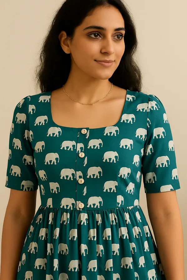 Dark_Green_Elephant_Print_Midi_Dress_With_Short_Sleeves