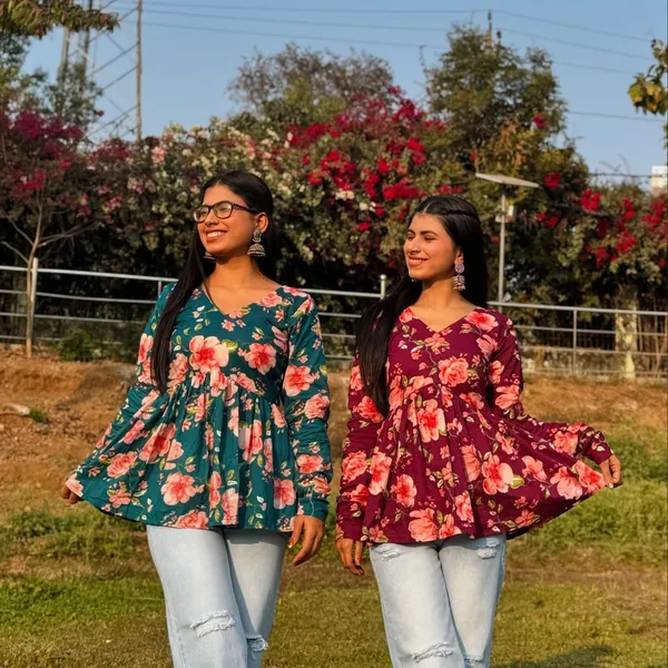 Teal_And_Maroon_Floral_Print_Peplum_Top_For_Women_Set_Of_2