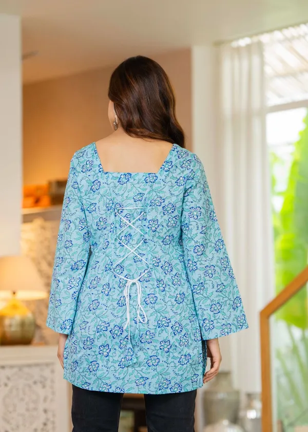 Sky_Blue_Floral_Print_Womens_Top_With_Bell_Sleeves