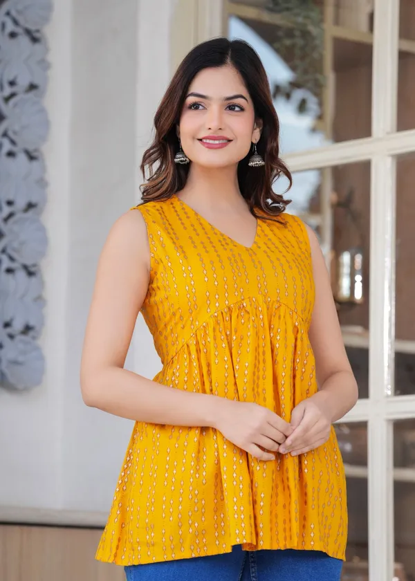 Yellow_Embroidered_Sleeveless_Gathered_Top_For_Women