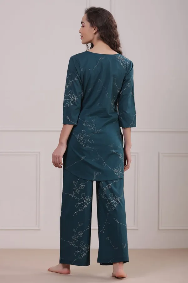 Teal_Printed_Kurta_And_Palazzo_Pants_Night_Suit_Set_For_Women