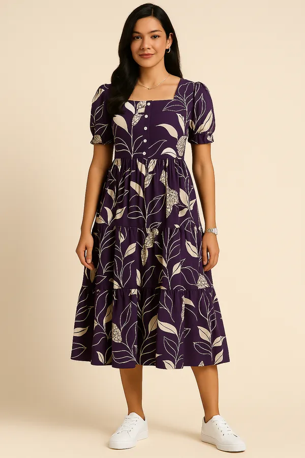 Purple_Floral_Print_A_Line_Midi_Dress_With_Short_Sleeves_And_Button_Front_Detail